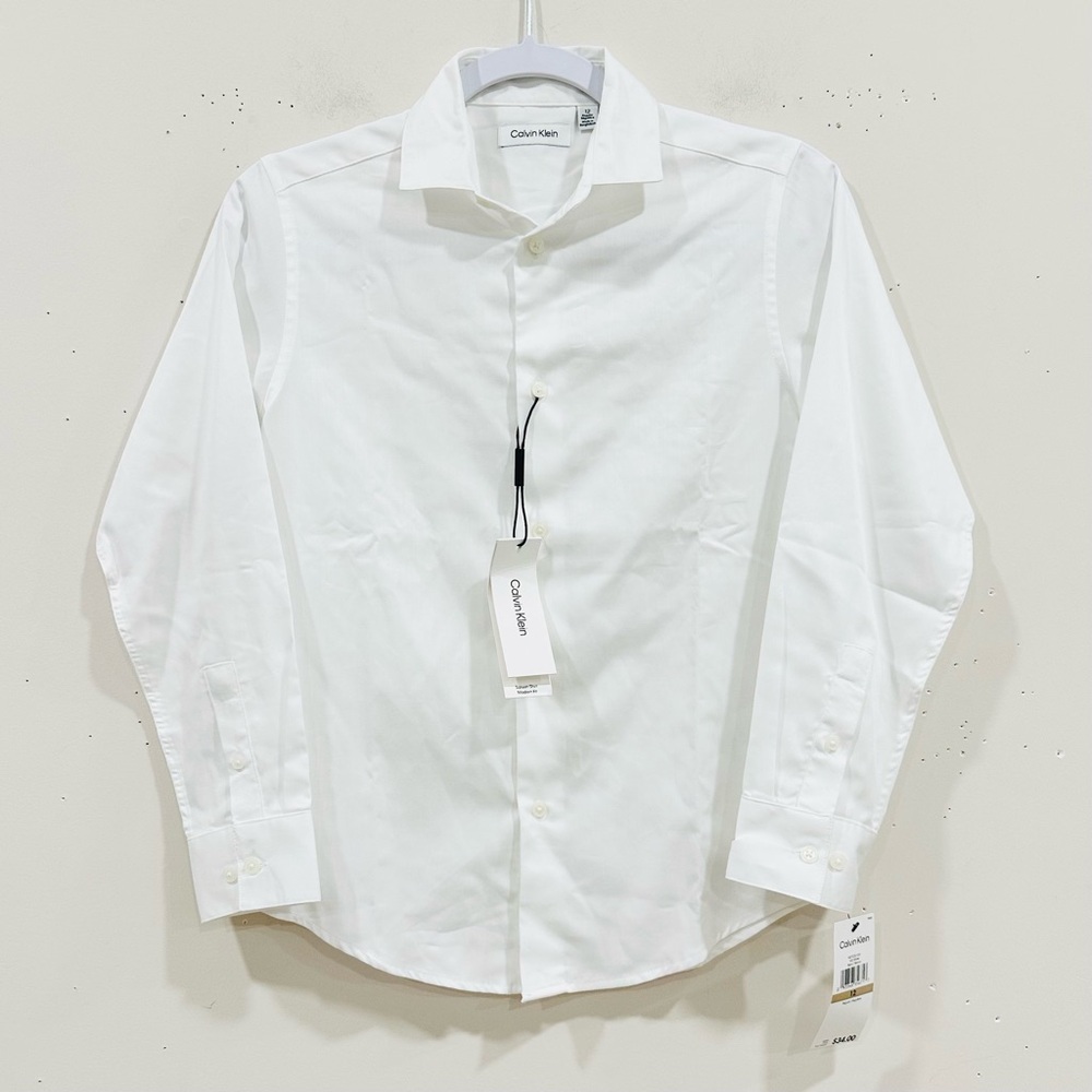 Calvin Klein Boys Sateen Modern Fit Button Shirt White Kids Back to School Sz 12
